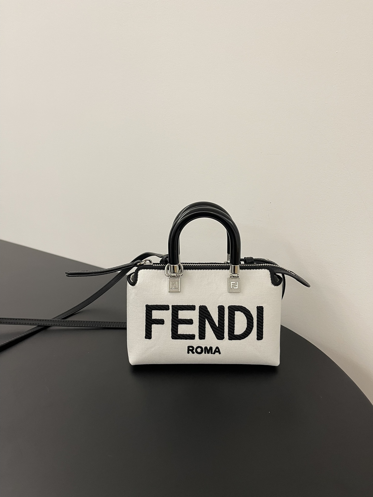 Fendi Mini By The Way Canvas Boston Shoulder Bag White